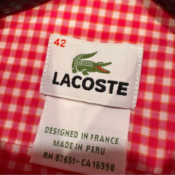 Lacoste Men’s  Button Down Shirt Red/white Check Short Sleeves Logo Sz 42 Large - Picture 4 of 11